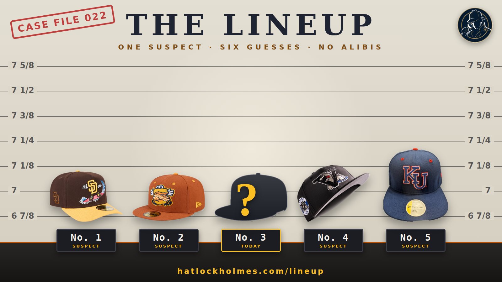 Five fitted caps in a police lineup against a height chart marked in hat sizes, the middle one a mystery silhouette with a question mark