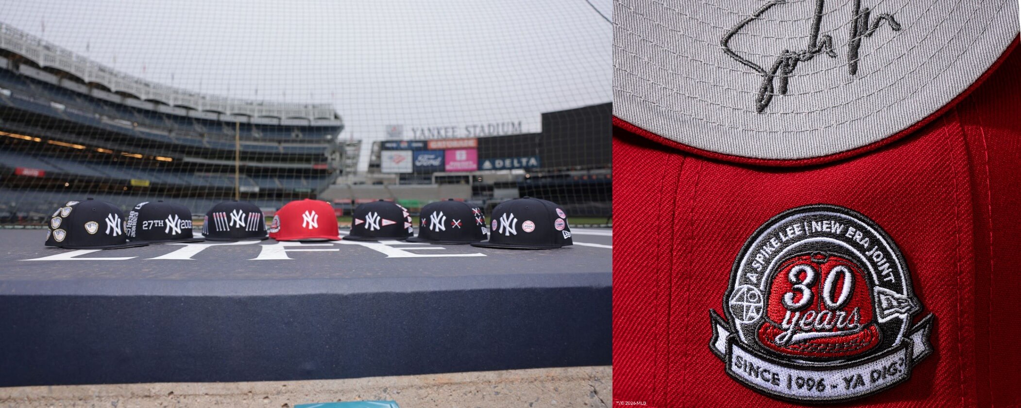 Spike Lee wearing his iconic red New York Yankees fitted hat